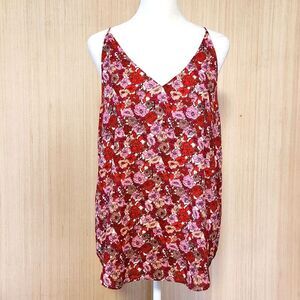 Loft Sleeveless Tank Camisole Women's Small Red Pink Floral Chiffon V-Neck